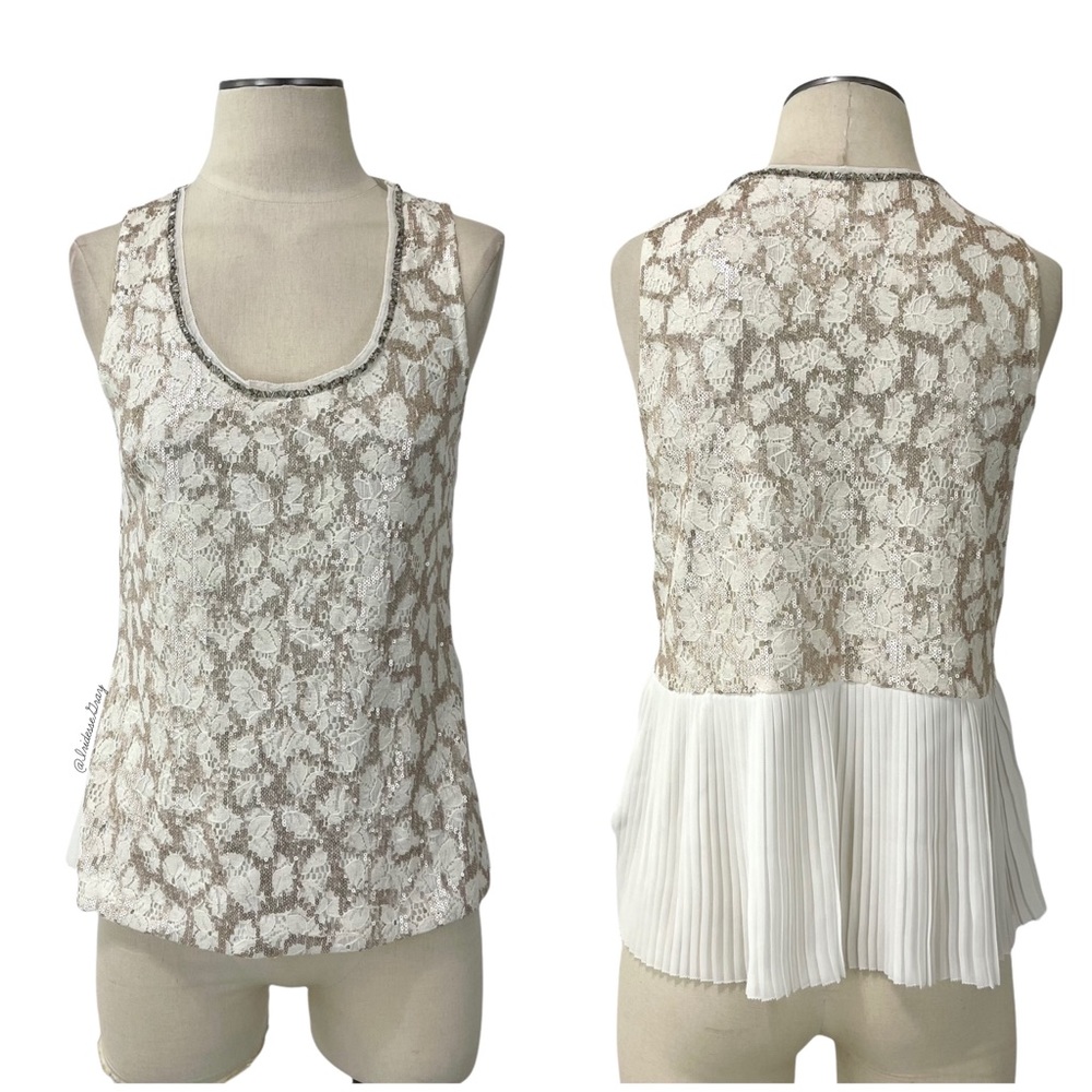 Anthropologie- Meadow Rue Glimmer Lace Ivory Sequin Chiffon Pleat Top S